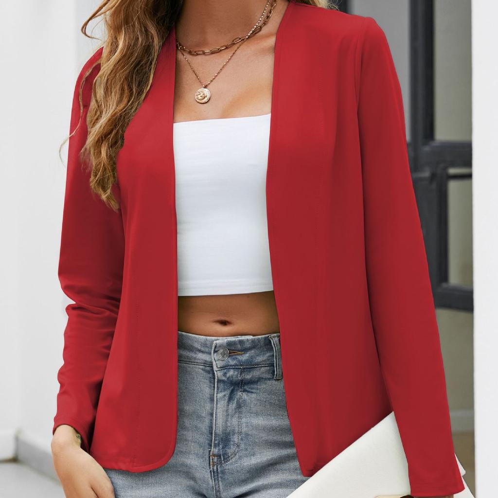Women's Casual Open Front Blazer Jacket Long Sleeve Solid Color Lapel-less Slim Fit Lightweight Office Cardigan Outerwear for Ladies