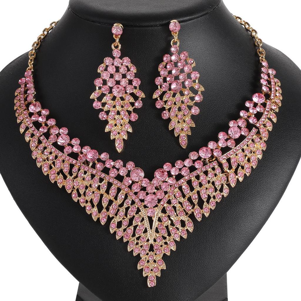 Alloy Clavicle Chain Crystal Gem Necklace & Earring Set - European & American Retro Evening Party Accessories