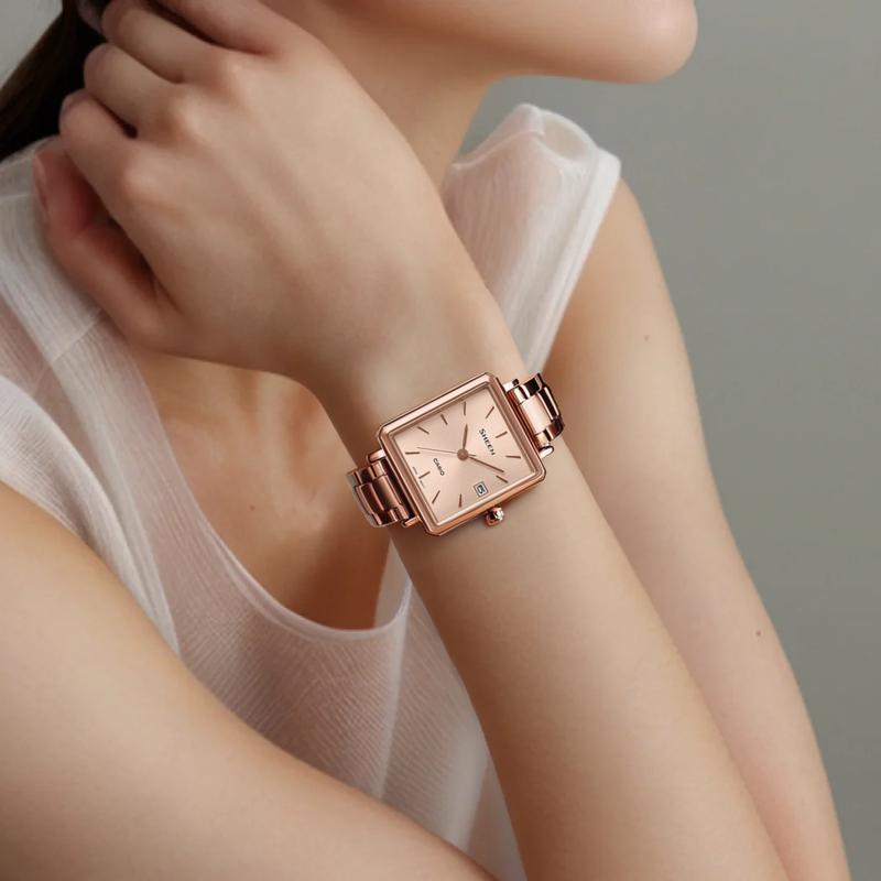 Casio SHEEN Sapphire Mirror Square Design Simple Gold Coating Ultra-thin Waterproof Quartz Movement Stainless Steel Strap Japanese SHE-4537PG-4AUPRD