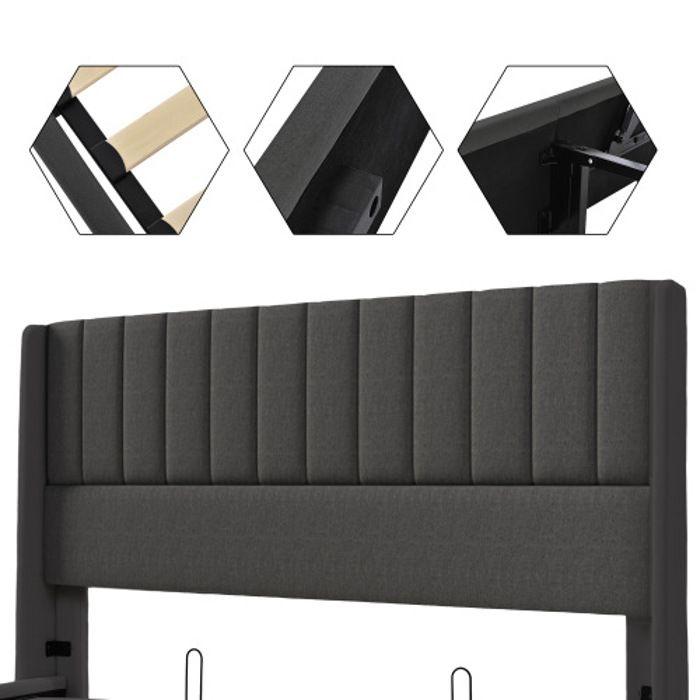 Lit de rangement - MUVOE - 160x200 cm - Gris - Tête de lit rembourrée - Grand espace de rangement
