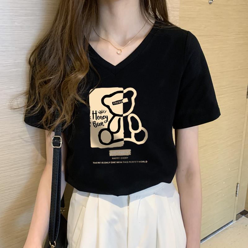 

V-neck American retro pure cotton summer T-shirt women s 2025 new large size fat mm thin meat-covering short-sleeved top XXXL