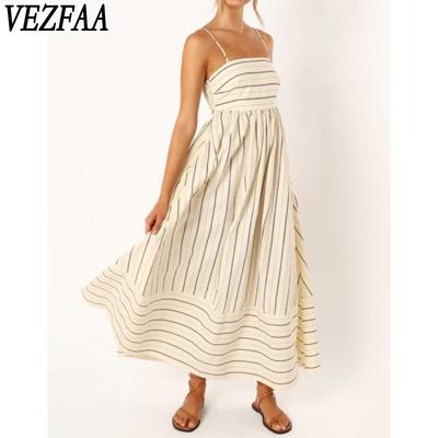 Moda feminina verão primavera listra estampa sem mangas suspensórios cintura alta vestidos casuais