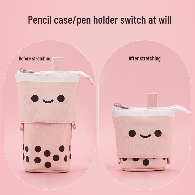 Polka Dot Milk Tea Pull-down Pencil Case with Heart and Smiley Face Design, Multifunctional Stationery Holder