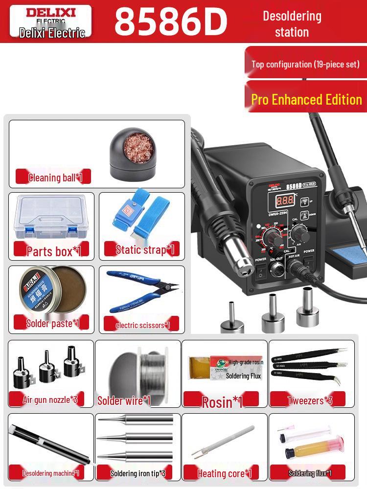 Delixi Electric 2-in-1 Soldering and Desoldering Station with Hot Air Gun and Worktable