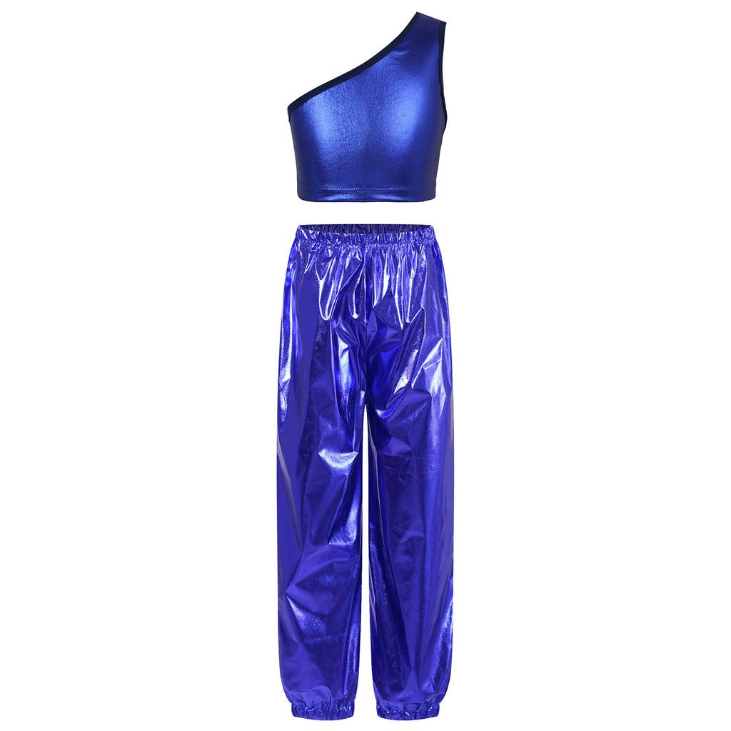 Girls Party Performance Outfit One Shoulder Sleeveless Metallic Vest Shiny Pants Dance Costume Stage Set