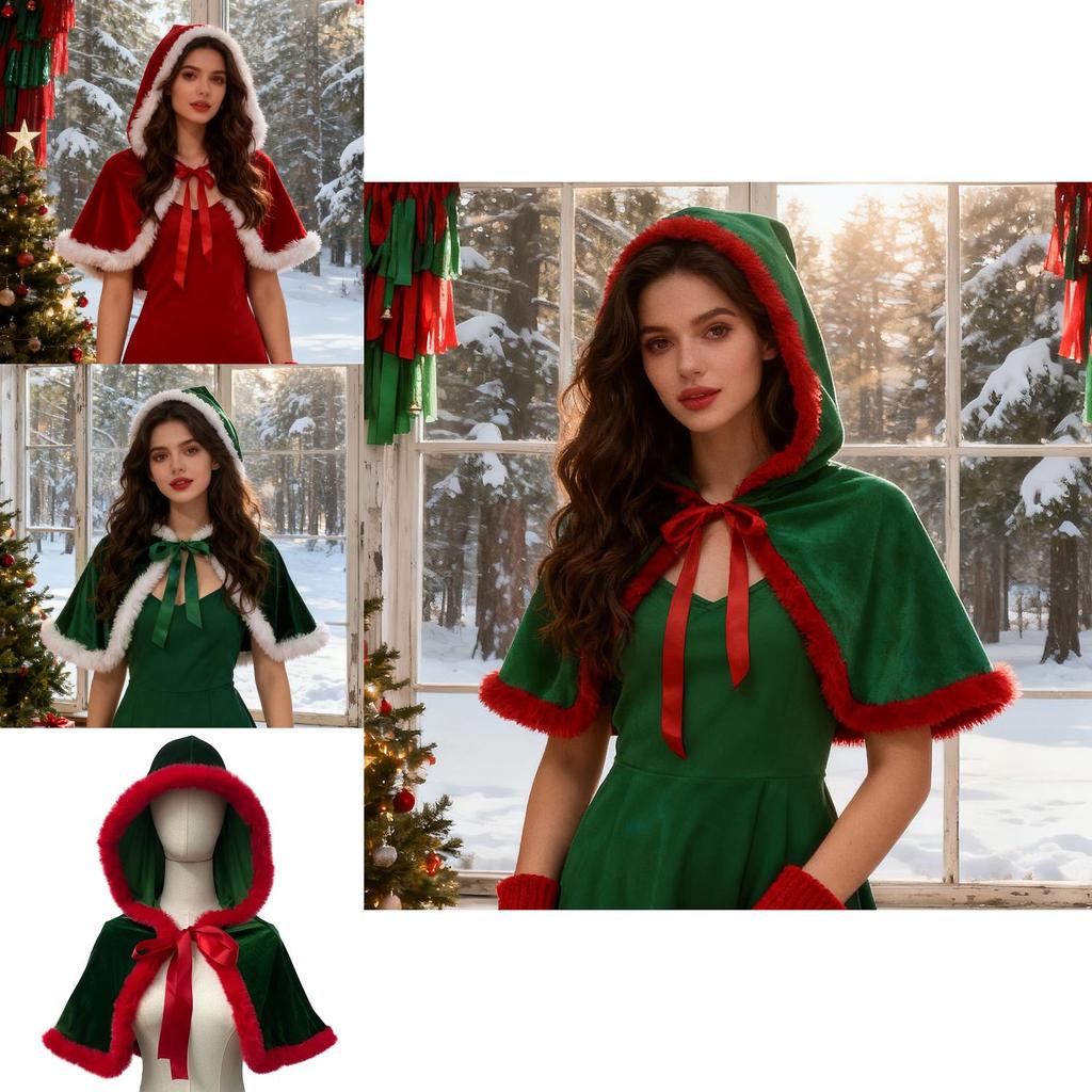 Vintage Christmas Hooded Cape With Polyester Material For Festive Event Wear