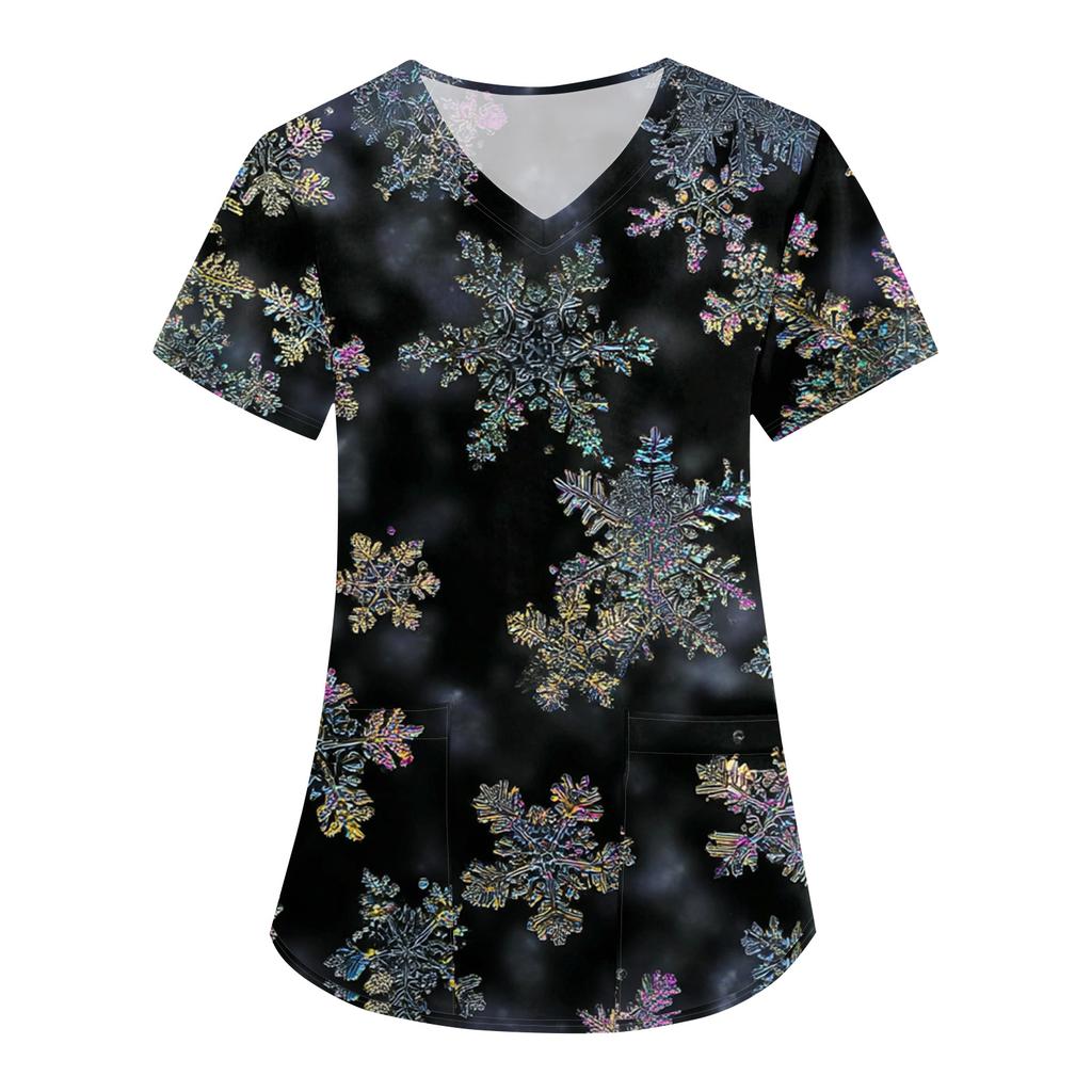 Women's Fashion V-Neck Short Sleeve Overalls With Pockets Christmas Printed Tops  Clothes