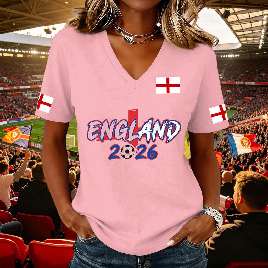Damen Lässiger Pullover mit V-Ausschnitt und kurzen Ärmeln Fußball-Fan-T-Shirt mit England-Flaggen-Aufdruck Leicht Bequem