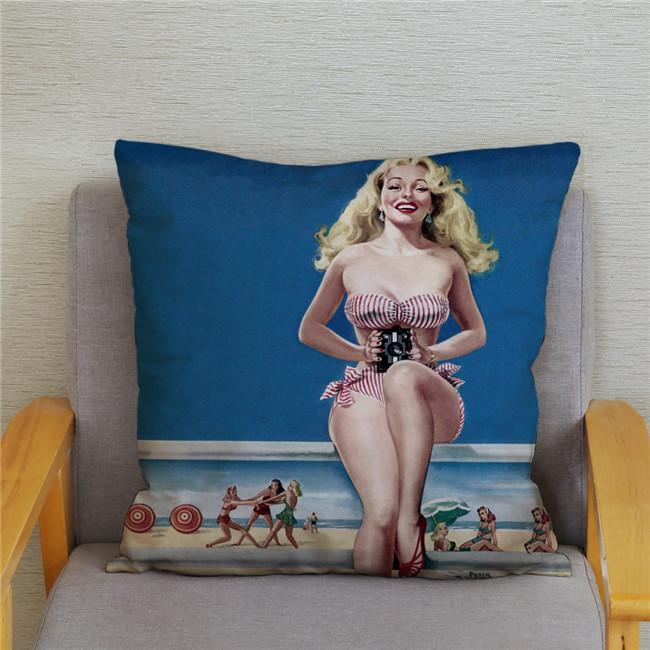 Vintage European Sexy Women Polyester Cushion Cover Sexy Lady Pattern Pillow Cover Decorative For Car Sofa Home 45X45Cm