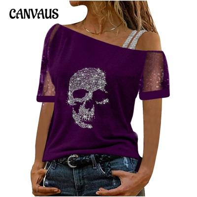 Genähtes V-Ausschnitt-T-Shirt mit Diamanten-Verzierung, Netz-Einsatz, schulterfrei, kurzärmelig/ärmellos