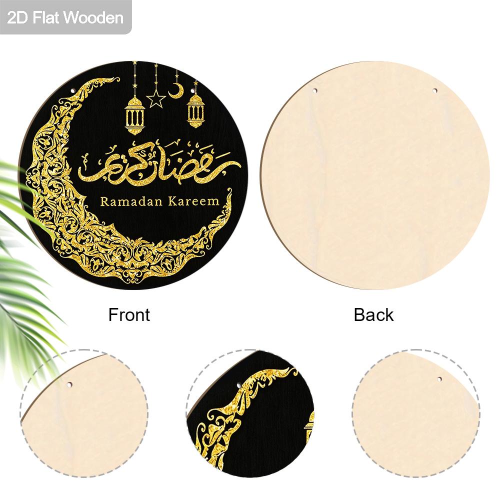 2D Flat Black & Gold Ramadan Round Wooden Hanging Sign - Islamic Calligraphy & Moon Design Decor for Ramadan, Eid, Muslim Home, Front Door