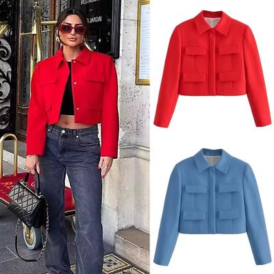 2024 Women Fashion with Flaps Cropped Blazer Coat Female Vintage Long Sleeve Snap-button Short Coat Elegant Lady Suit Coat