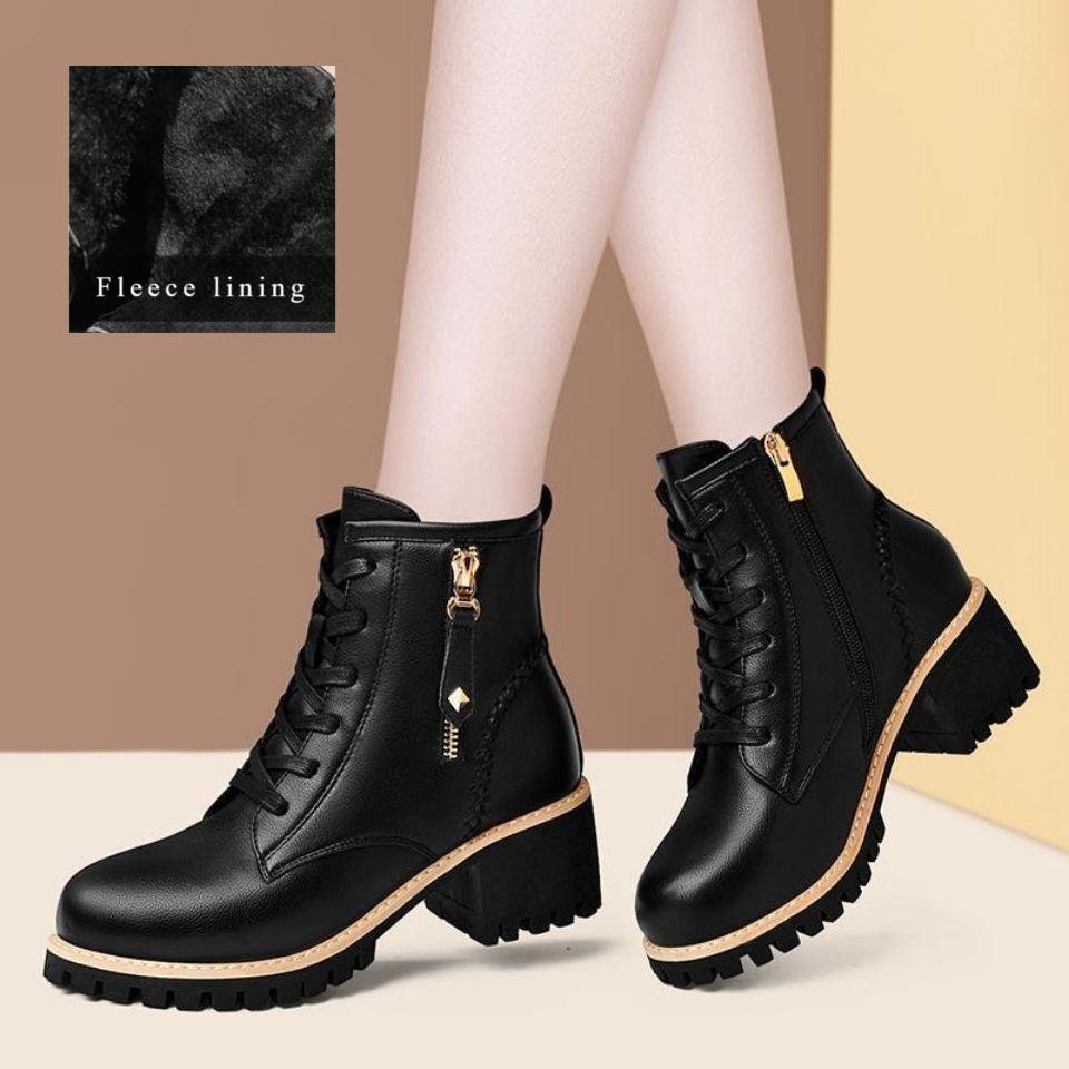 Damenschuhe mit Absatz Stiefel Knöchel Herbst Britischer Stil Leder Dickes Fell Damen Kurze Stiefel Winterschuhe