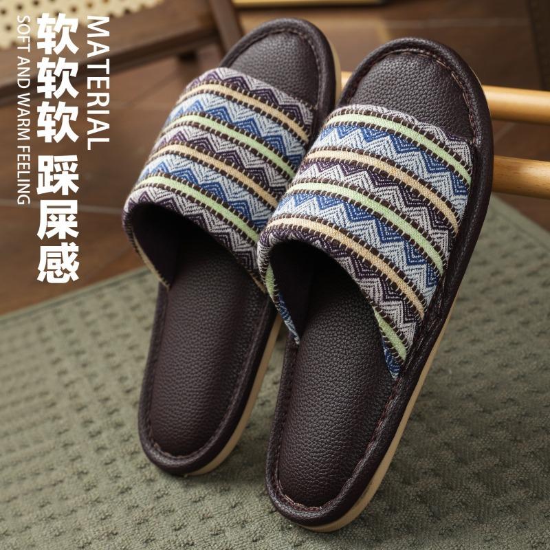 Japanese-style linen slippers women's indoor silent couple home floor leather non-slip soft bottom men's four-season cool slippers