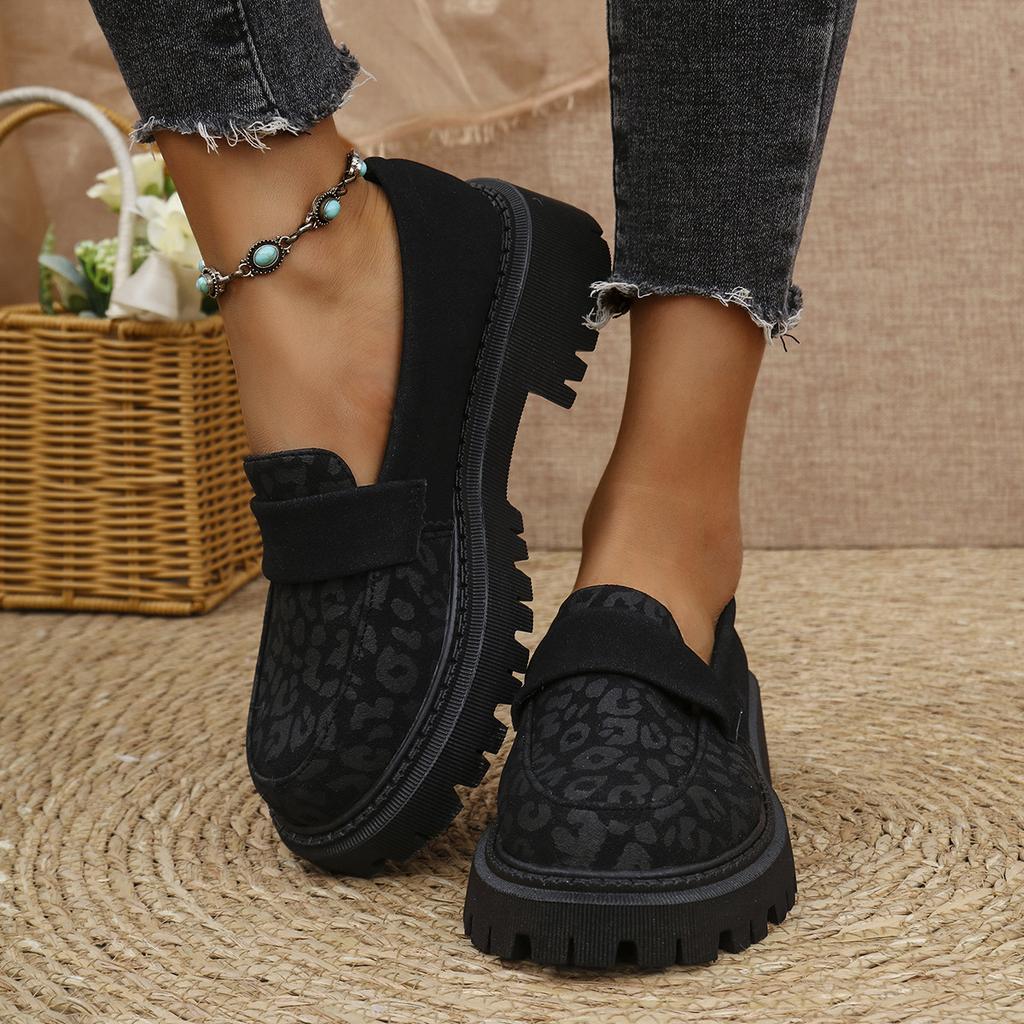 Women's Leopard Print Loafers New Platform Block Heel Fashion British Style Small Leather Shoes