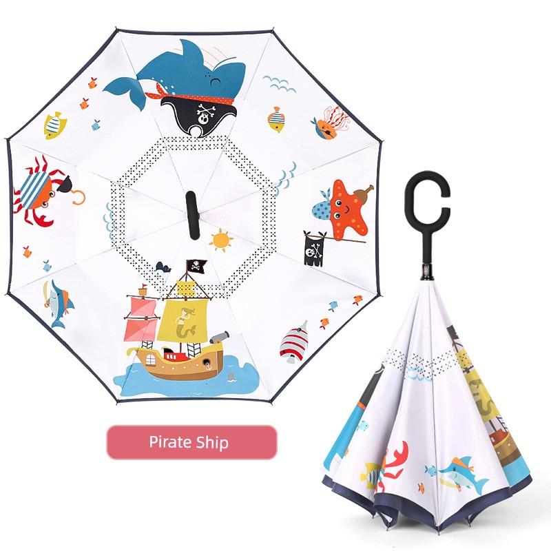 Umbrella, Reverse Umbrella, Double-Layer Hands-Free Long-Handled Children's Umbrella, Cute Cartoon Umbrella for Primary School Students, Rain or