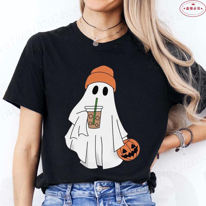 Little Boo Drinking Coffee Women T-Shirts Fashion Halloween Party Spooky Season Shirt Harajuku Graphic Tops Casual Streetwear