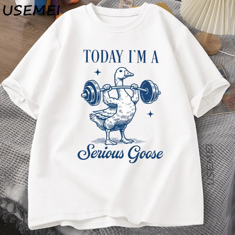 

Serious Goose Weightlifting T Shirt Funny Gym Workout Printed T-shirt Animal Lover T Shirt Harajuku Cotton Short Sleeve Tees S белый