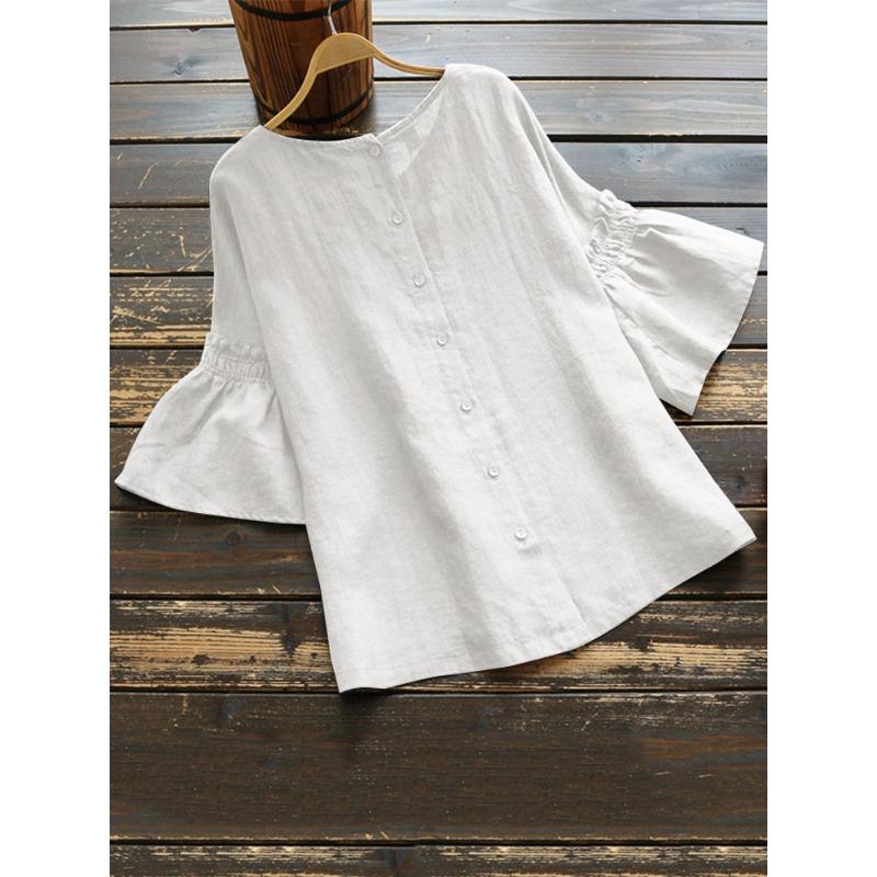 Damen Sommer Bluse Kurzarm Unifarben Rundhals Rüschenärmel Hemd