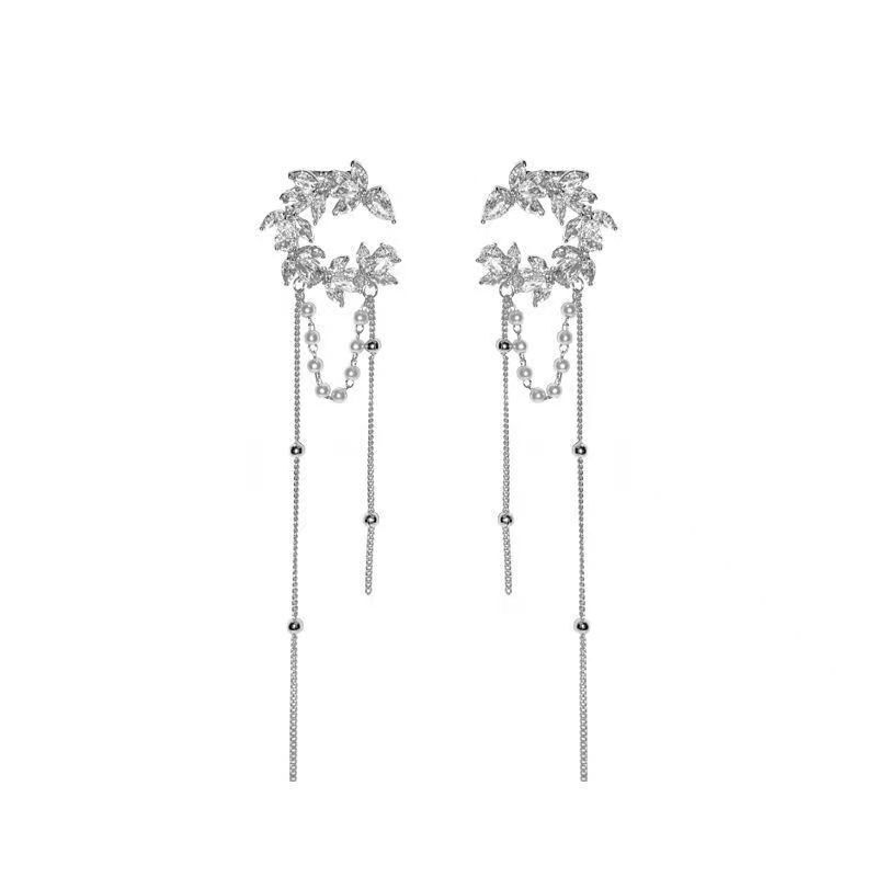 Retro Diamond-Set Fringed Flower Earrings, High-End Earbone Clips, Niche Design Earrings, Earclips, No Ear Piercings, Women