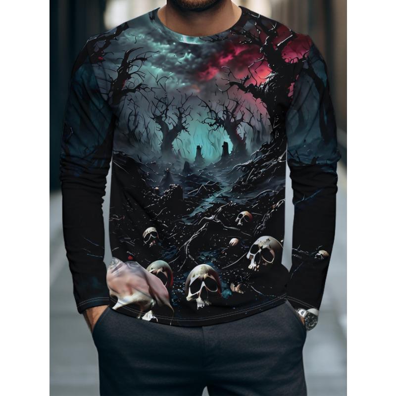Men's Long Sleeve T-Shirt Halloween Dark Forest Cemetery Skull Horror 3D Print Crew Neck Casual Tops