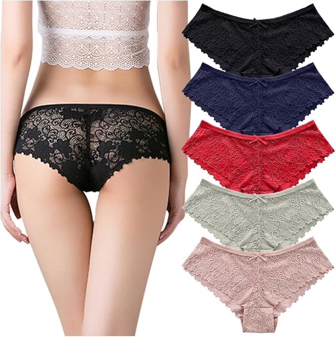 HINICE Plain Sexy Women's All-Lace Half-Back Panties, Underwear, Hip-Hugging, Non-Slip, Stretch, Sheer, 5-Pack (Size LL)