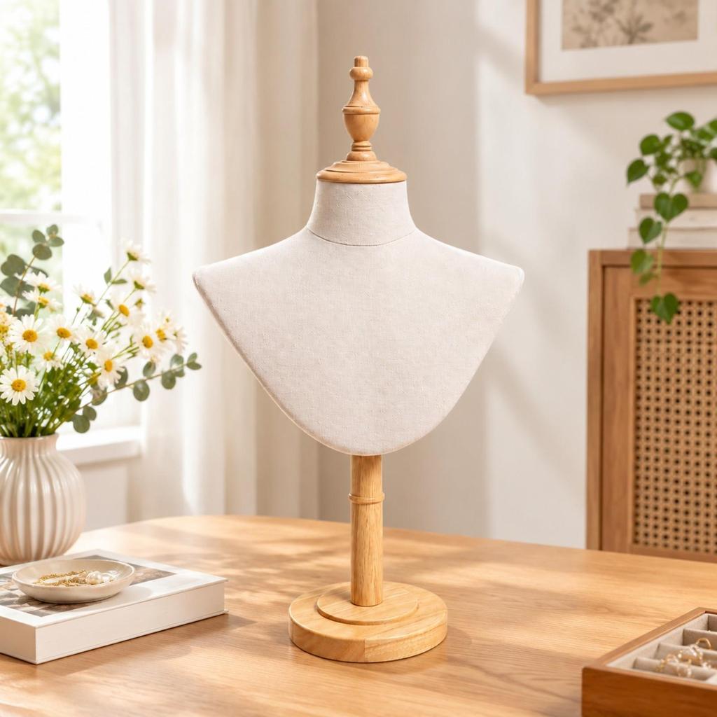 Freestanding Jewelry and Scarf Display Mannequin PinFriendly clothCovered Bust with Wooden