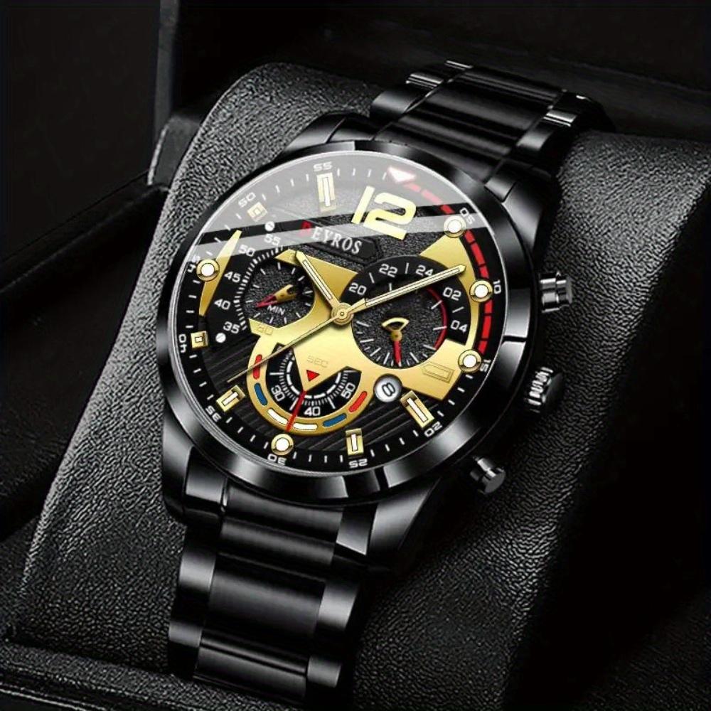 2PCS Set Fashion Business Luxury Men's Quartz Watch Stainless Steel Strap Date Watch & Bracelet, Men's Gifts