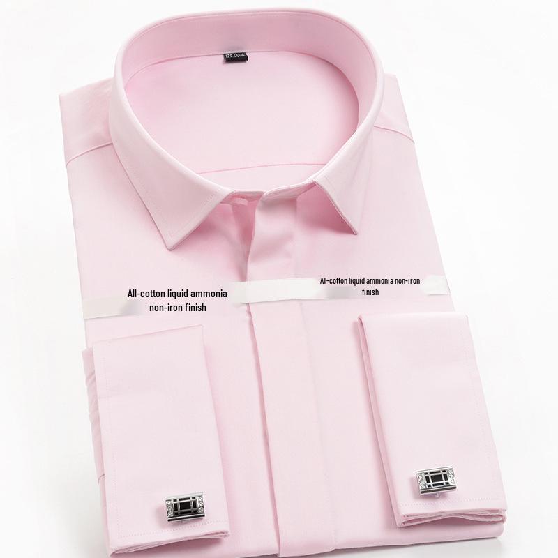 Golden Shield Black French Cuff Men's Long Sleeve Slim Fit Non-Iron Pure Cotton Dress Shirt