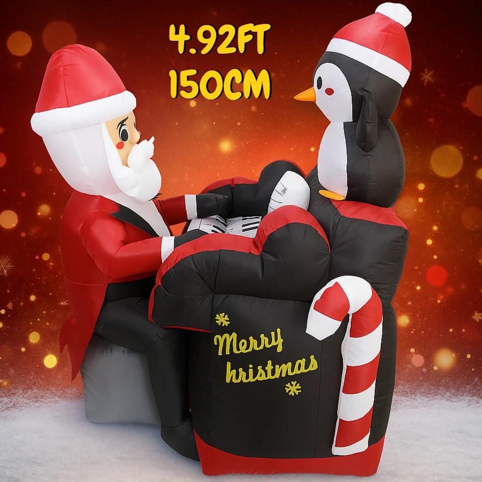 4.92FT Inflatable Toy Santa Piano Penguin with LED Light Holiday Gifts Xmas Decoration for Yard Christmas Supplies Home Ornament