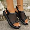 Fashion Hook and Loop Fastener Mesh Beach Sandals Round Head Breathable Rubber Flat Bottom Slippers Open Toe Casual Women's Shoes
