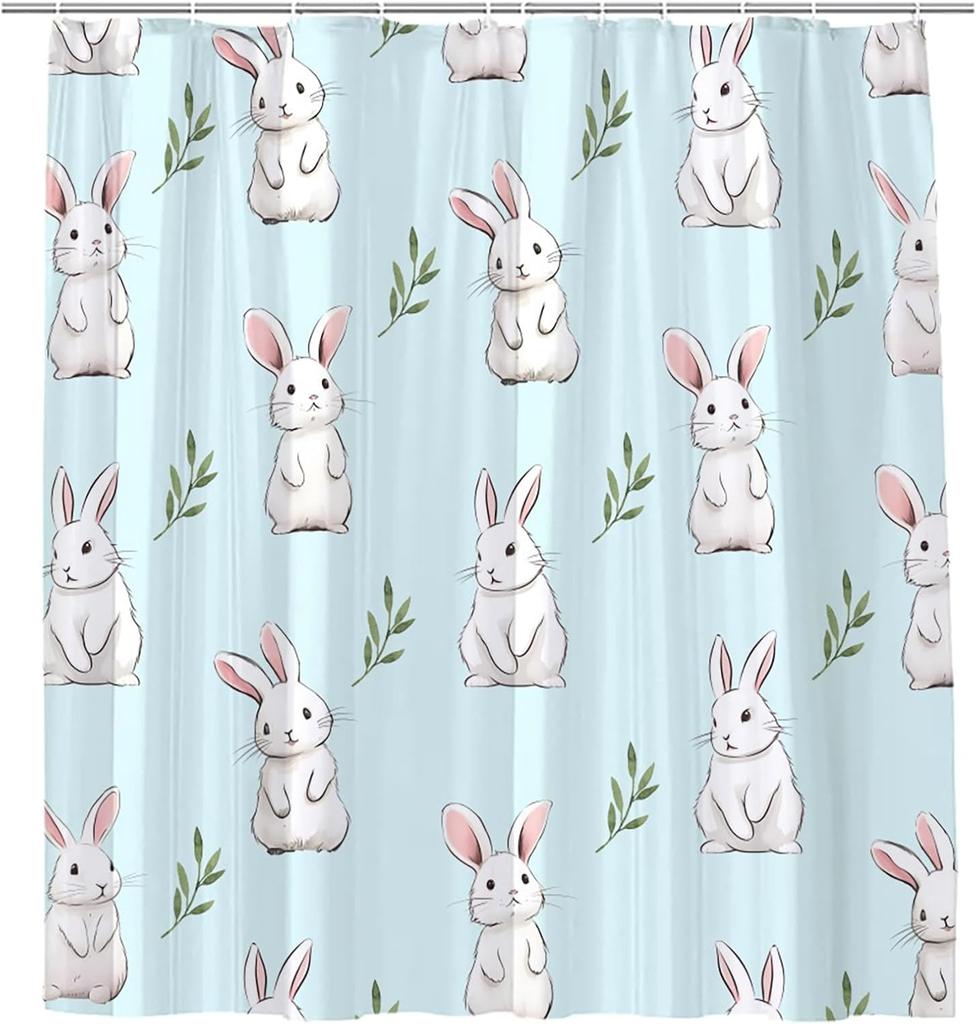 Rabbit Shower Curtain for Bathroom Easter Bunny Farm Animals Rustic Plants Green Leaves Cute Cartoon Wildlife Bathroom Decor