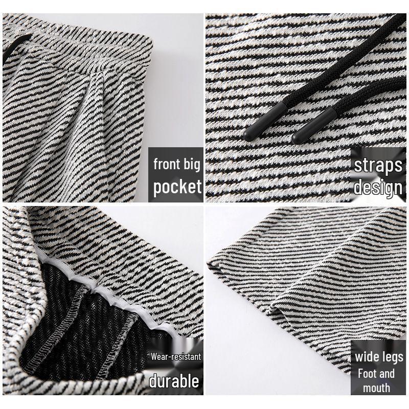 Black & White Striped Silk Wide-Leg Pants - Women's Autumn Winter Casual Floor-Length Style