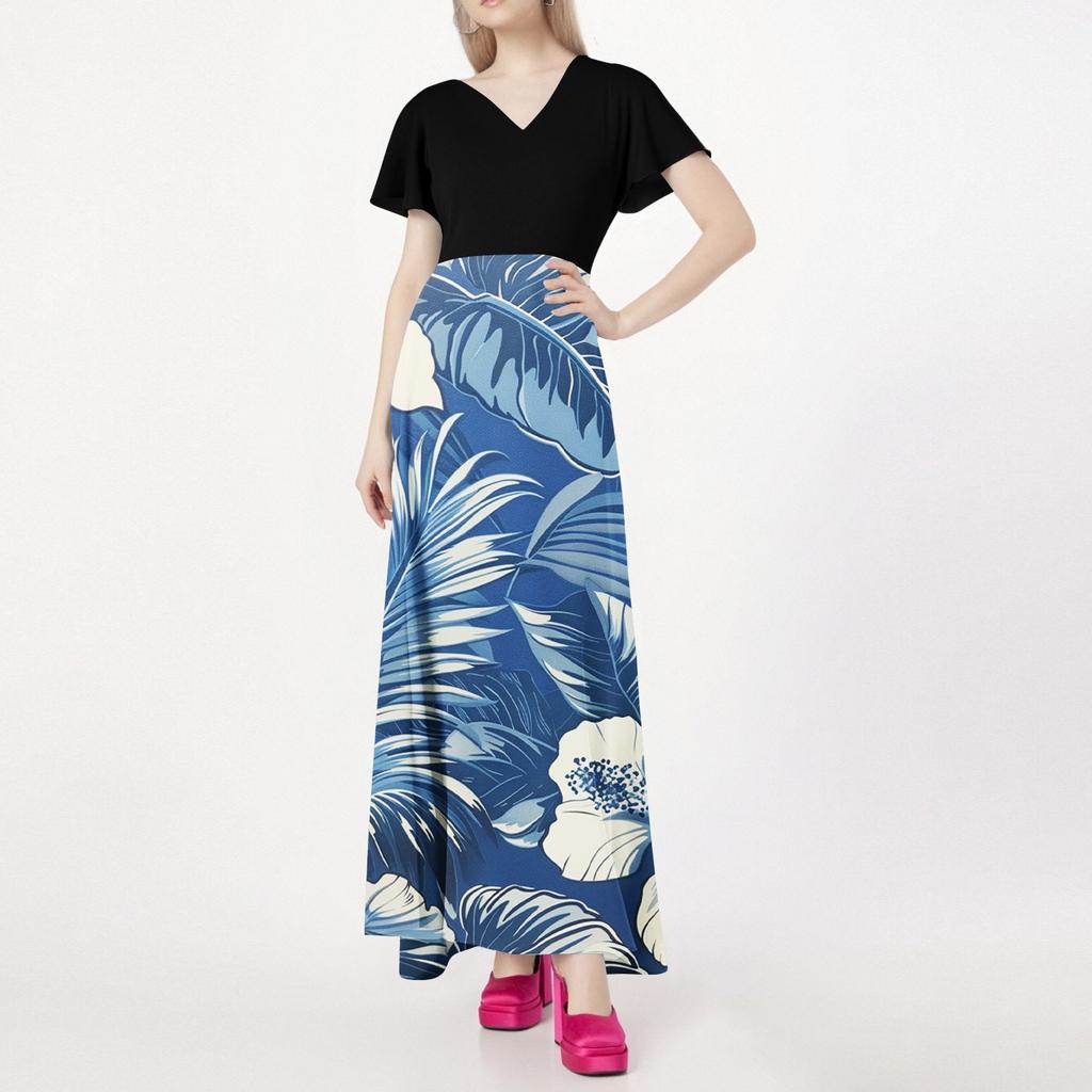 Robe ample décontractée à col en V à manches courtes pour femmes, taille haute, imprimé floral Robe à imprimé floral