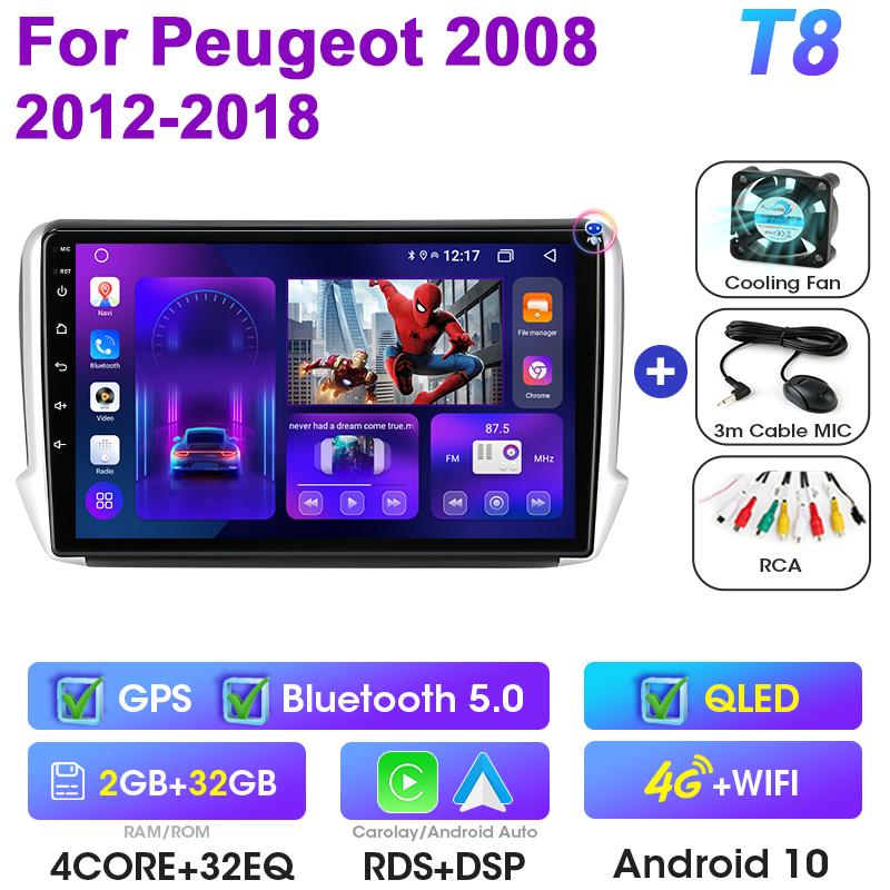 Android 12 Car Radio 10" For Peugeot 208 2008 2012 - 2018 2 Din Stereo Multimedia Video Player GPS 4G Wireless Carplay Auto DVD