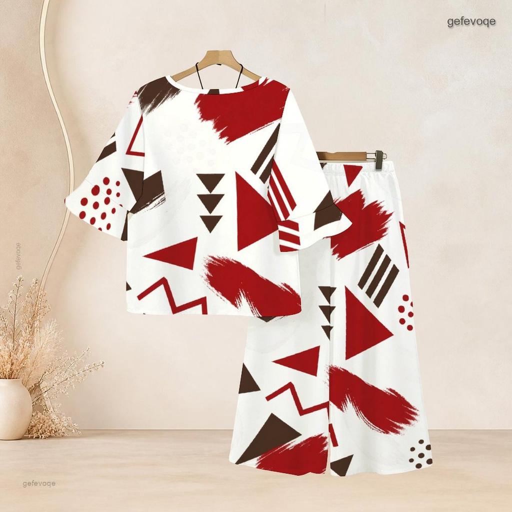 Women Plus Size White Red Brown Printed Round Neck Flared Half Sleeve Top Long Pants Two Piece Set