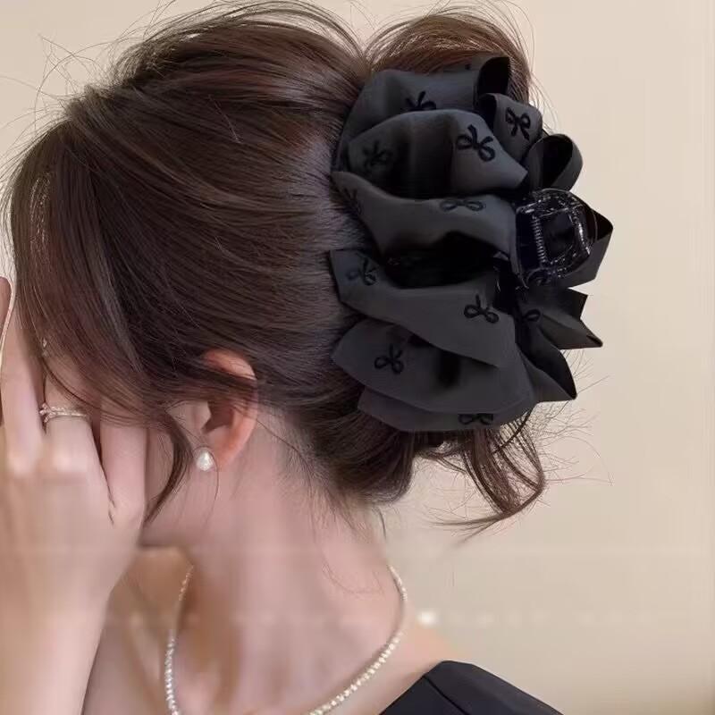New Temperament Bow Hair Clip Women's Black Satin Shark Clip Fashion Hair Accessories