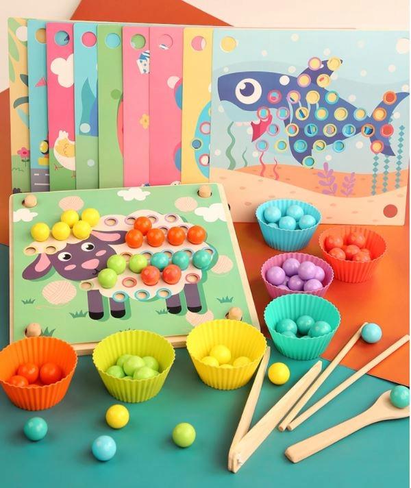Montessori Drewniana Układanka Z Kulkami Drewniany Sorter Gra Puzzle Dzieci
