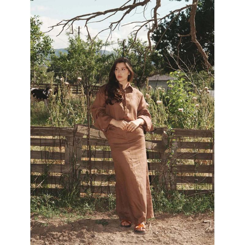 Womens 2026 Casual 2-Piece Set Loose Long Sleeve Shirt Maxi Skirt Solid Color Elegant