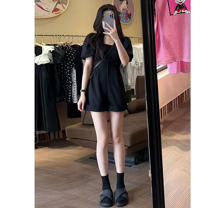 Women s High-End Puff Sleeve Square Neck Jumpsuit - 2026 Summer French Style with Wide-Leg Shorts Small чёрный
