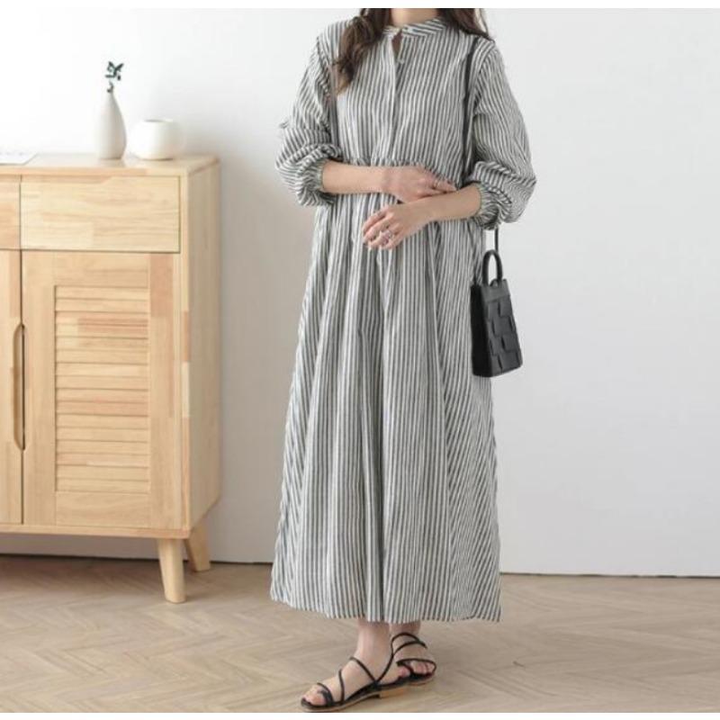 Damen Frühherbst Langarm Gestreift Klein Frisch Einreihig Locker Rundhals Über Knie Kleid