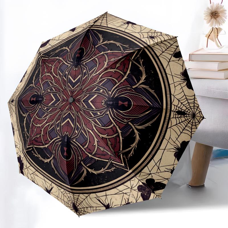 1pc Sturdy 8-Bone Auto Umbrella, Dark Gothic Spider Web Blooms Umbrella, Digital Printed, Foldable Umbrella for On-the-Go Outdoor Use