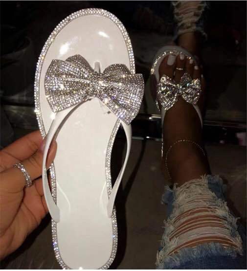 Fashion 2024 Spring/summer new large size flip flops women bow knot rhinestones outdoor leisure beach flat home sandals/slippers