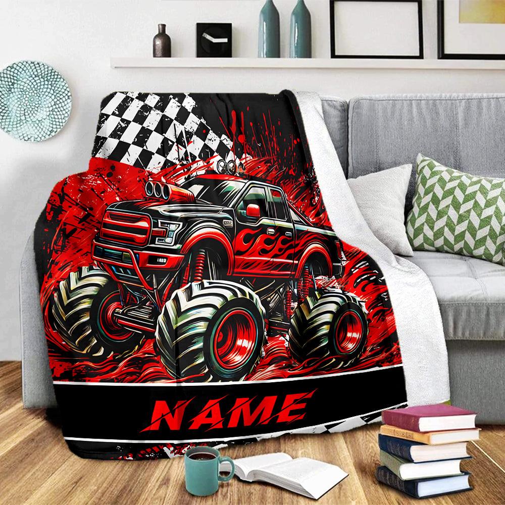 Racing Monster Truck Home Customize Your Name Blankets Comfortable Soft Lightweight Multiseason Blanket For Picnics Sofas Offices Beds Living Rooms