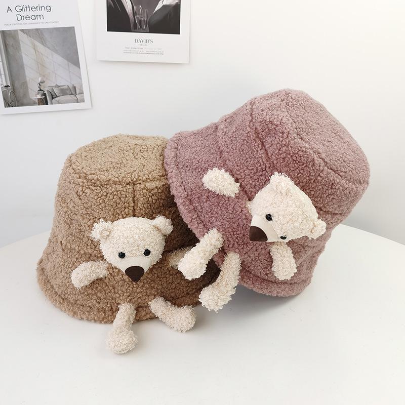 Cute Plush Bear Doll Fisherman Hat Women Autumn and Winter Korean Version Warm Lamb Fur Pot Hat Japanese Bucket Hat
