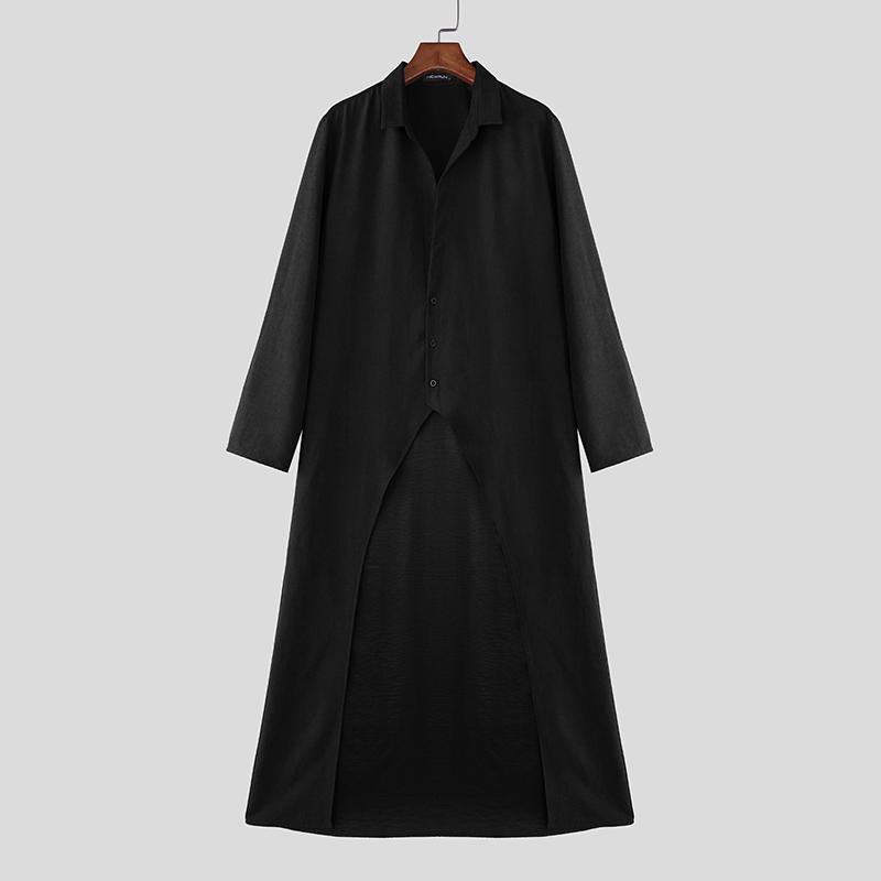 INCERUN Men Lapel Neck Long Sleeve High Splits Irregular Long Shirts Tops