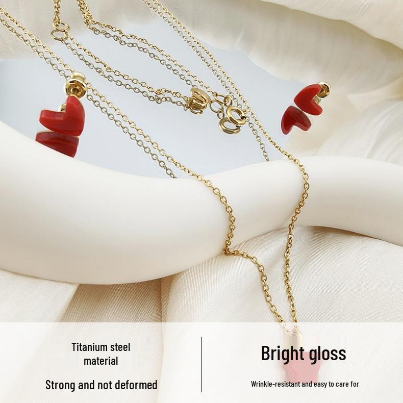 Liu Yifei Red Heart Necklace & Earrings Set, 18k Gold-Plated Heart Pendant with V-Shaped Clavicle Chain.