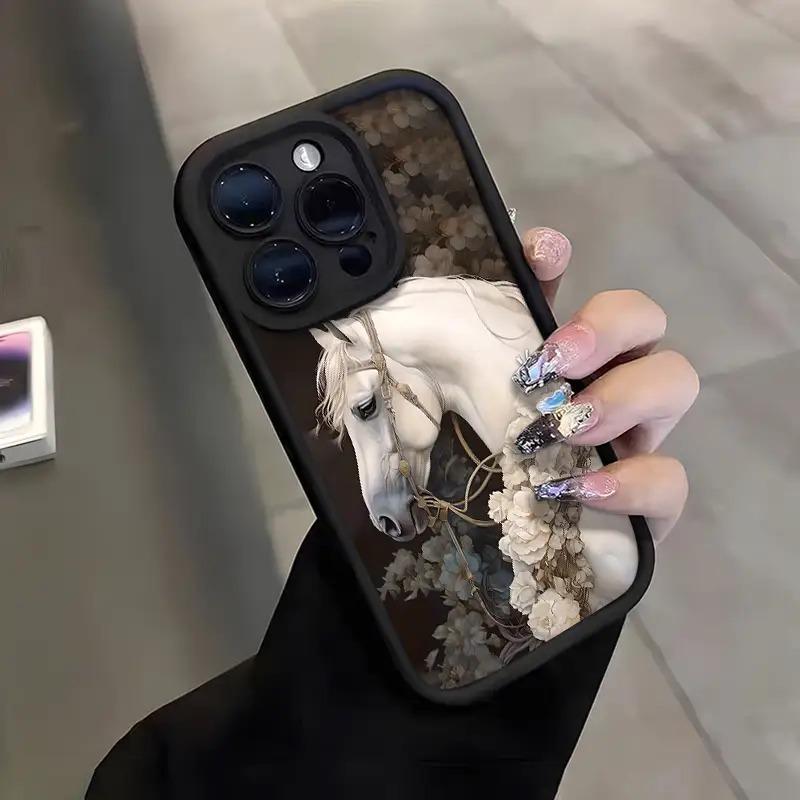 The garlanded white horse phone case is suitable for iPhone 17, 16, 15, Plus, Pro, and Max series phones - ideal for use as a gi