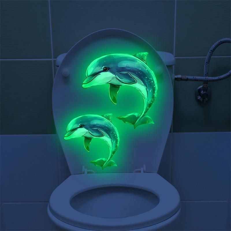 Glow-in-the-dark Dolphin Self-adhesive Toilet Sticker Waterproof PVC for Children's Room Bedroom Bathroom Home Decor