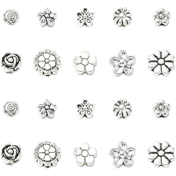 

50 Pcs 10 Styles Antique Silver Skull Beads Devil Spacer European Beads Metal Large Hole Skeleton Head Beads for DIY Bag Keychain Jewelry Making 100pcs-Alloy Flower Beads